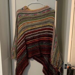 Striped Multicolor Knit Poncho Sweater - Women’s Fringe Layering